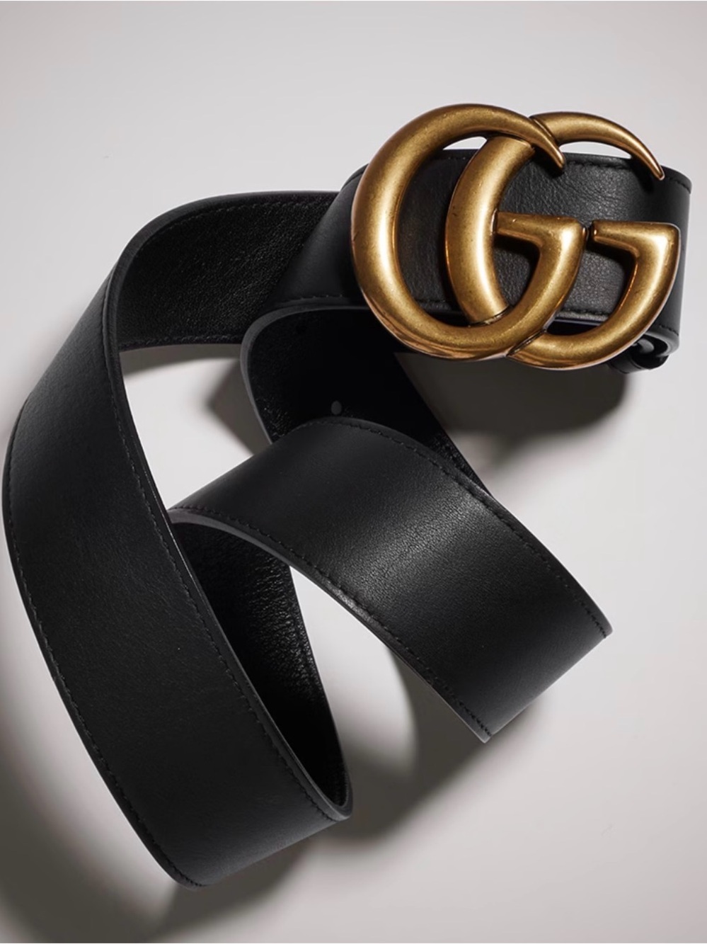 NWT Gucci GG Marmont Black Leather Belt with Antiqued Gold Double G Buckle Sz 85